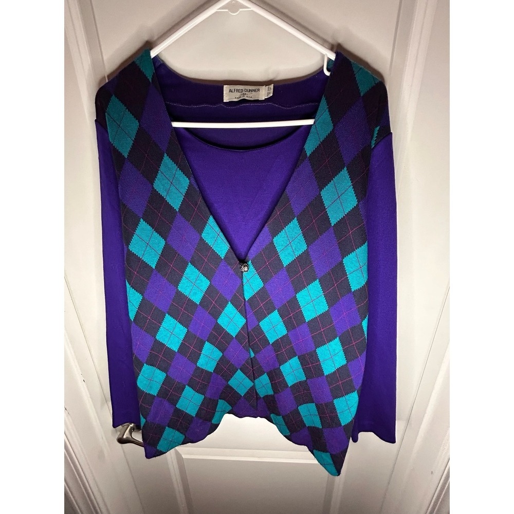 Vintage 90's Alfred Dunner Purple Argyle Cardigan Sweater Sz Womens Medium